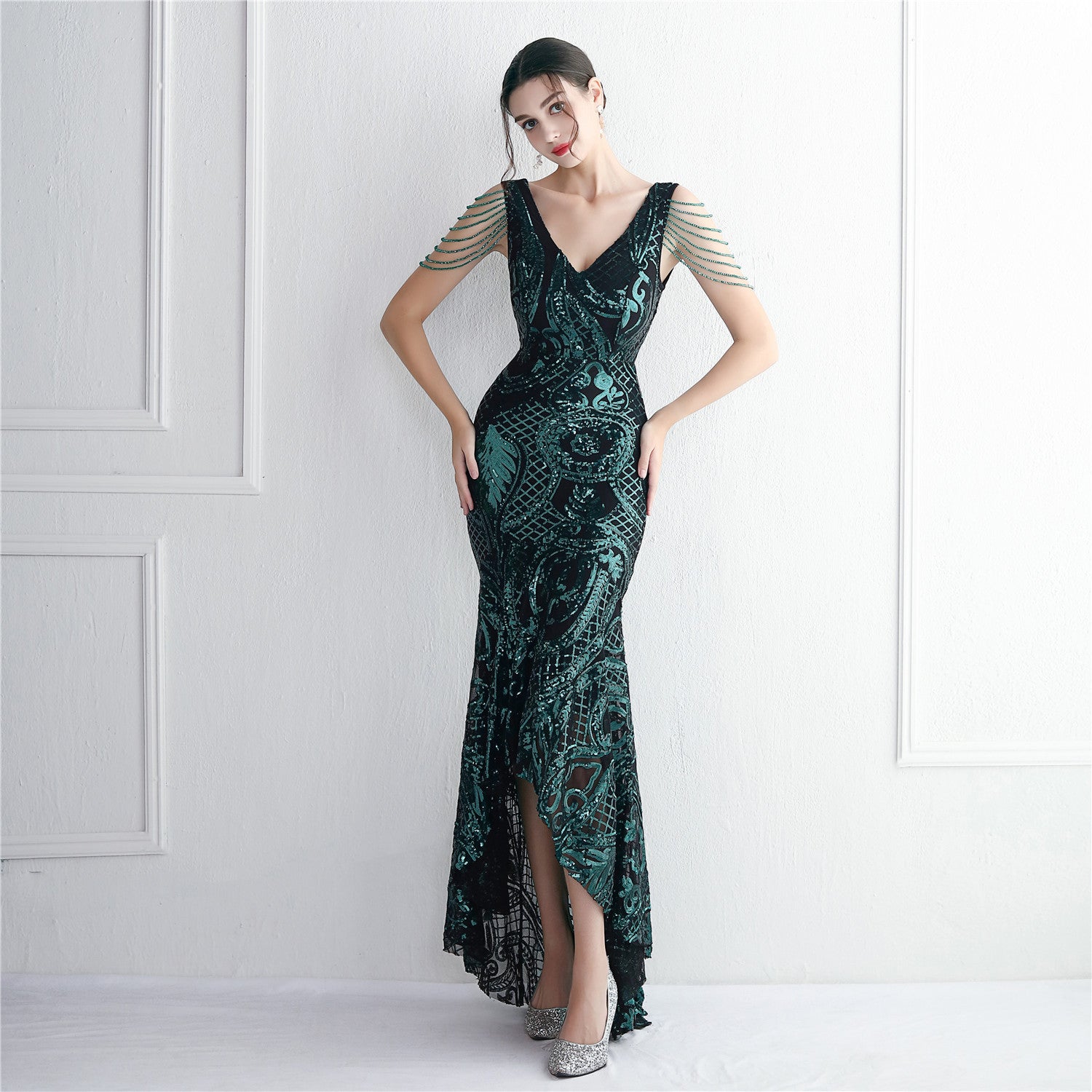 Large Swing Long Dress Beaded Chic Elegant Annual Conference Long Fishtail Sequin Sexy Dress