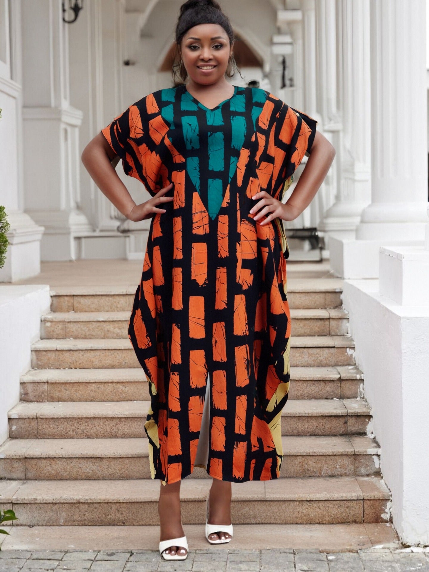 Plus Size Women Sexy Casual Patchwork Contrast Print Slit Dress 5