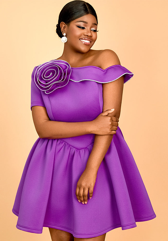 Summer Slash Shoulder Floral Slim Waist Plus Size A-line Party Dress