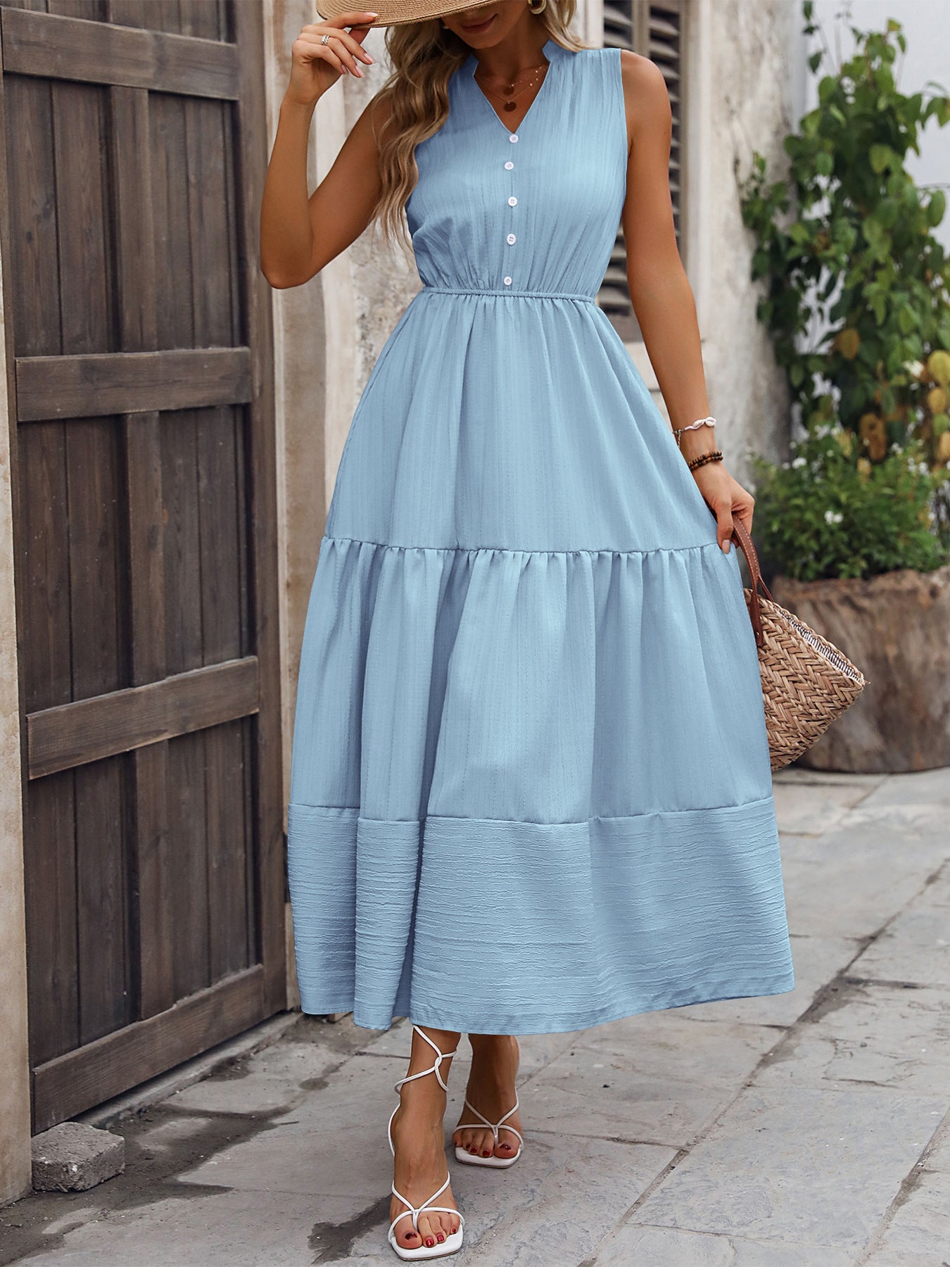 Women V-Neck Summer Sleeveless Patchwork Stand Collar Dress