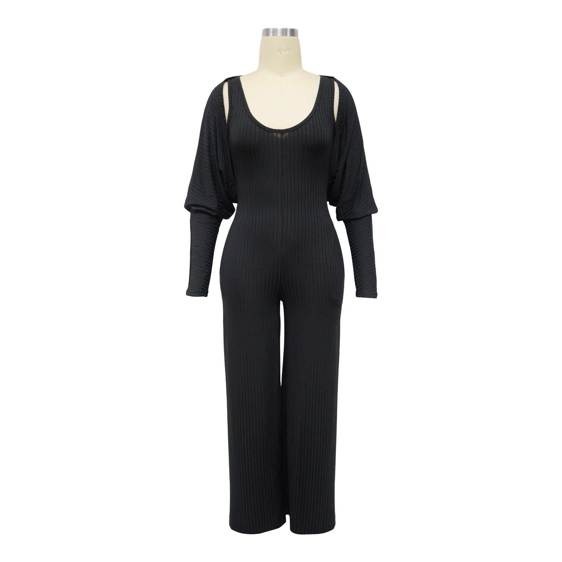 Women’s Fashion Ribbed High-Stretch Cape Top Sleeveless Jumpsuit Set 26