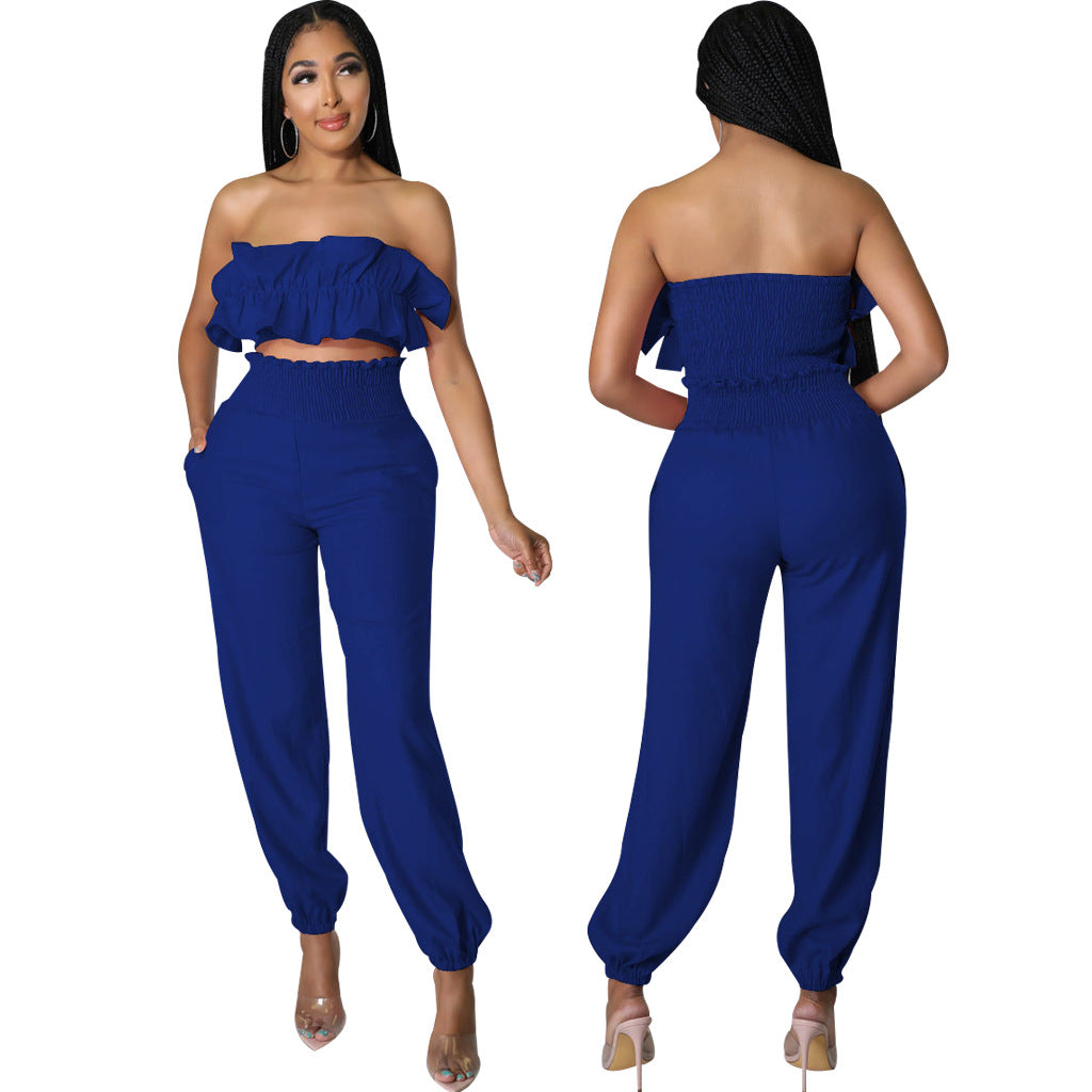 Sexy Fashion Elastic Solid Color Strapless Two-Piece Pants Set 14