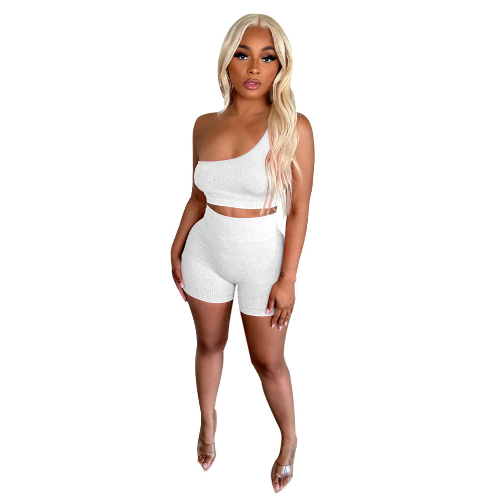 Slash Shoulder Sleeveless High-Rise Shorts Casual Tracksuit 14