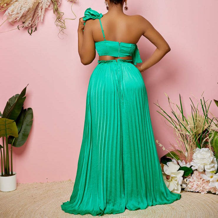 Women's Slash Shoulder Low Back Ruffled Sexy Top Pleated Wide Leg Pant Two-Piece Set 6