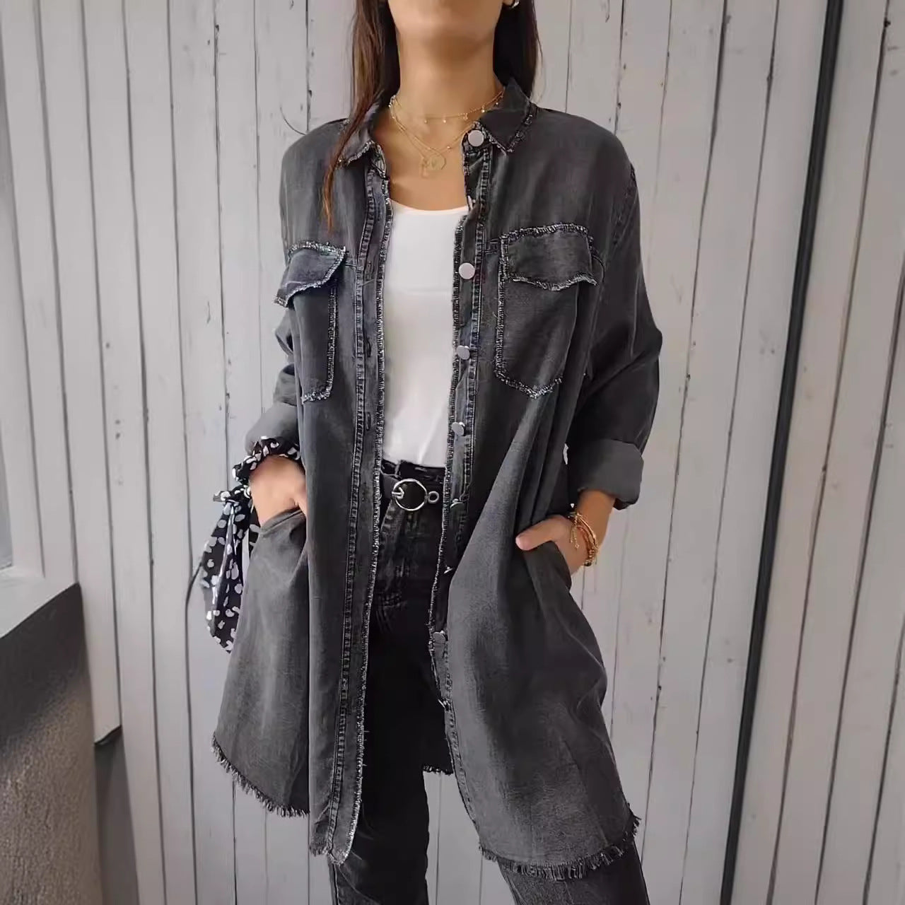 Street Style Fall Fashionable Loose Turndown Collar Women's Denim Jacket 7