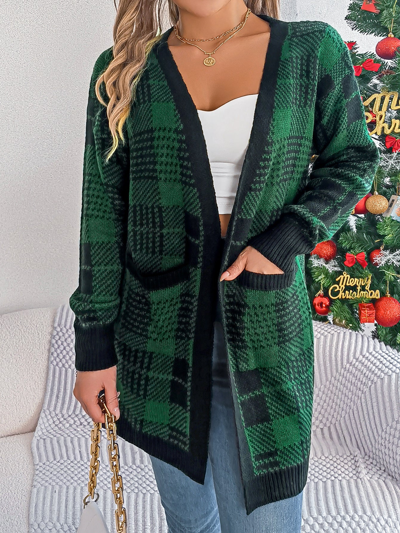 Autumn Winter Casual Contrast Color Plaid Pocket Long Sleeve Cardigan Sweater Christmas Women's Clothing 4