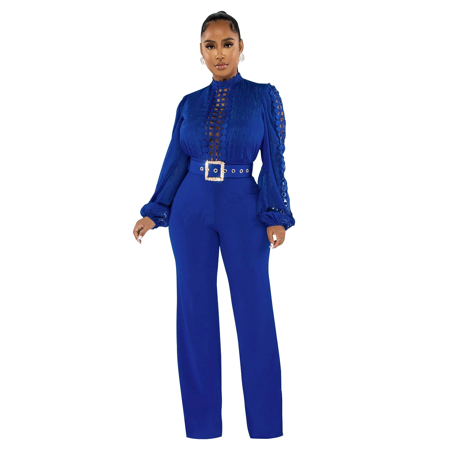 Women Belt Lace Cutout Solid Long Sleeve Jumpsuit 13