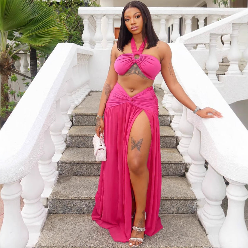 Women Hot and Sexy Halter Neck Strapless Top Slit Skirt Two-piece Set 4
