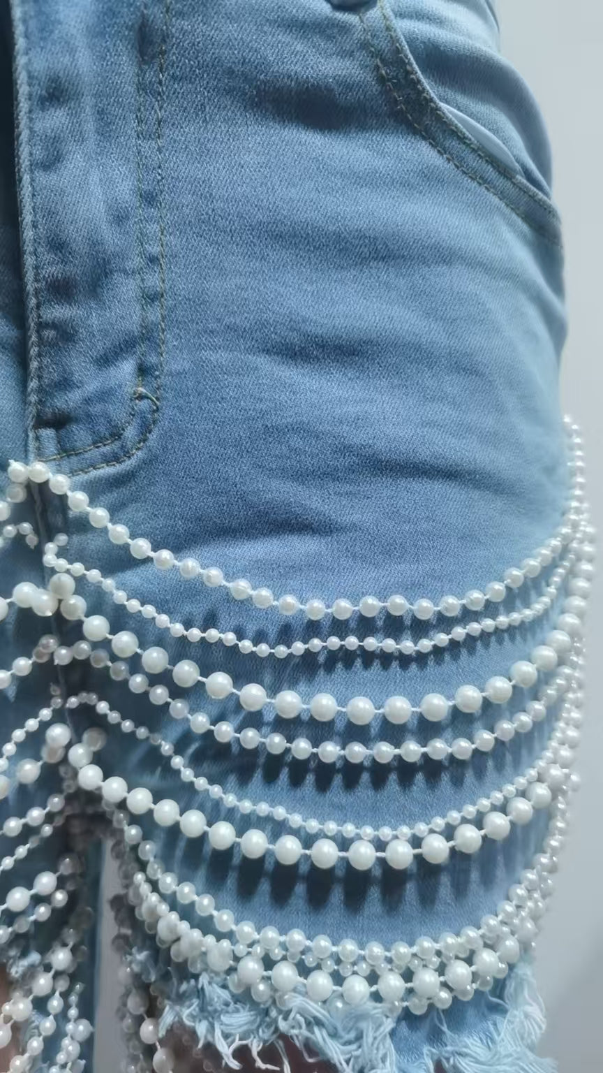 Women Summer Ripped Heavy Beaded Stretchy Denim Pants and Jacket Two-Piece Set 8