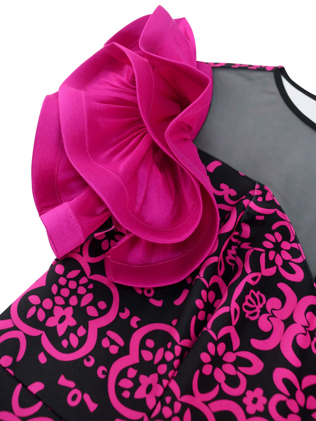 See-Through Mesh Patchwork Elegant Chic Petal Sleeve Printed Party Dress 13