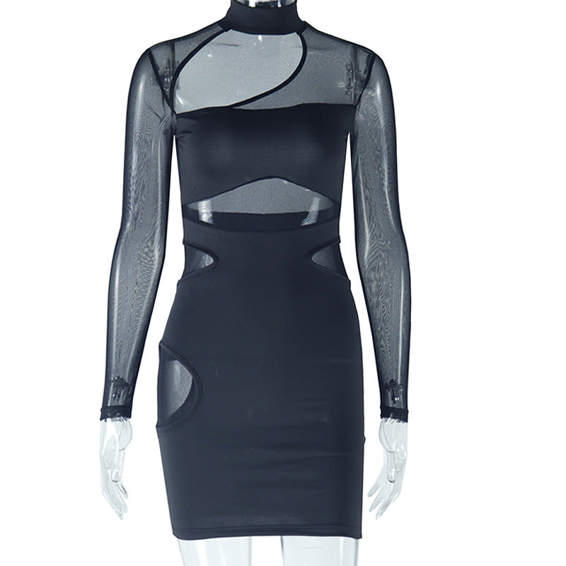 Women Solid Sexy Hollow Mesh Patchwork Bodycon Dress 8