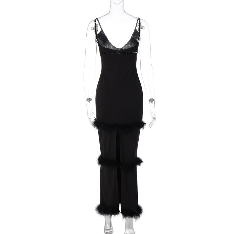Autumn Women's Sexy Beaded Straps Slim Waist Low Back Furry Dress 17