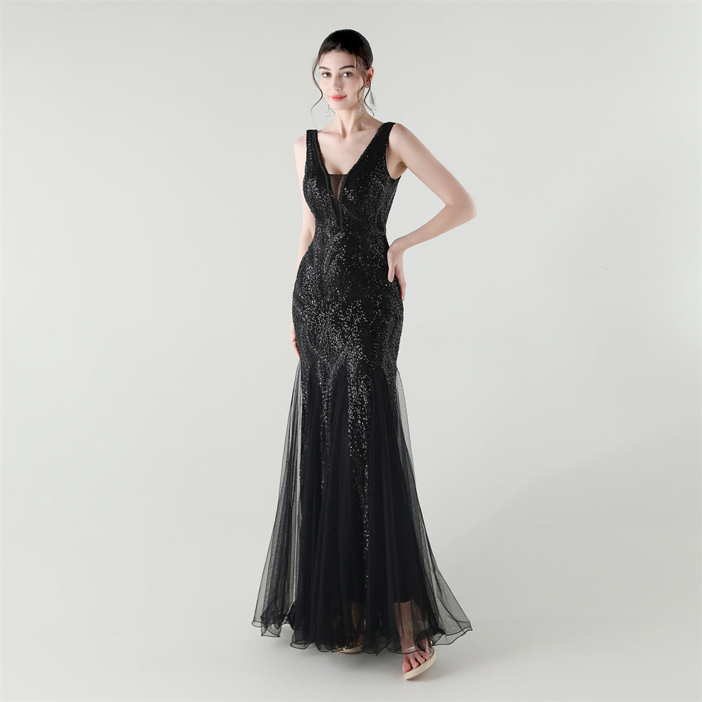 Deep V Fishtail Sequin Mesh Formal Party Evening Dress 13