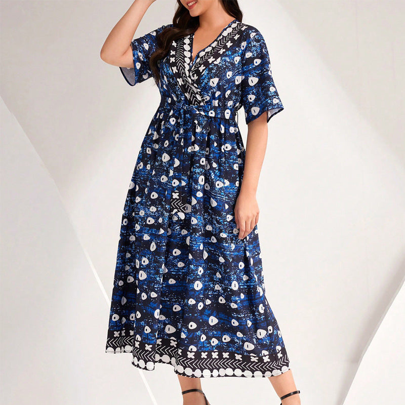 Women Spring Summer Blue Printed V-Neck Lace-Up Dress 4