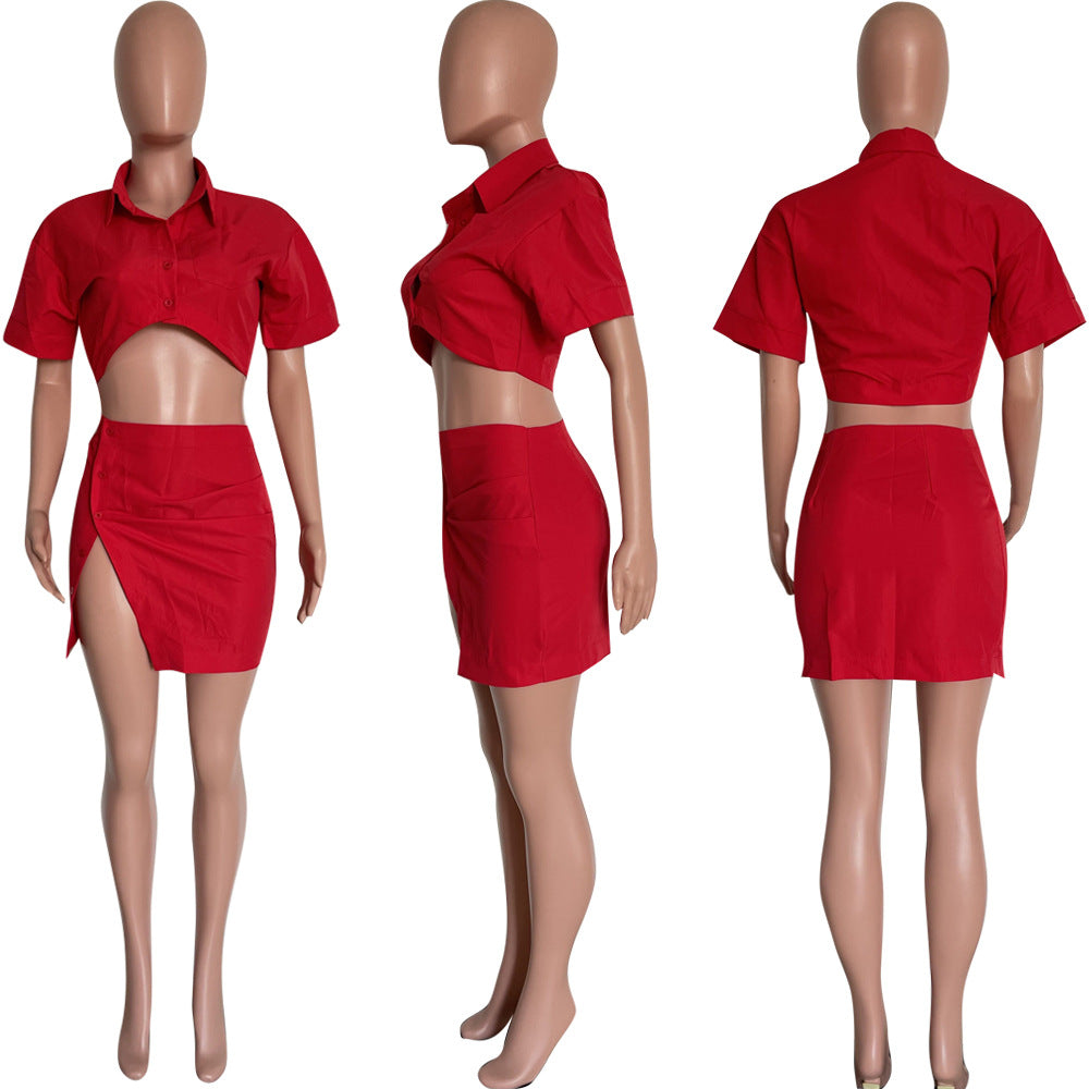 Women's fashion sexy solid color button Crop Shirt split skirt two-piece set 25