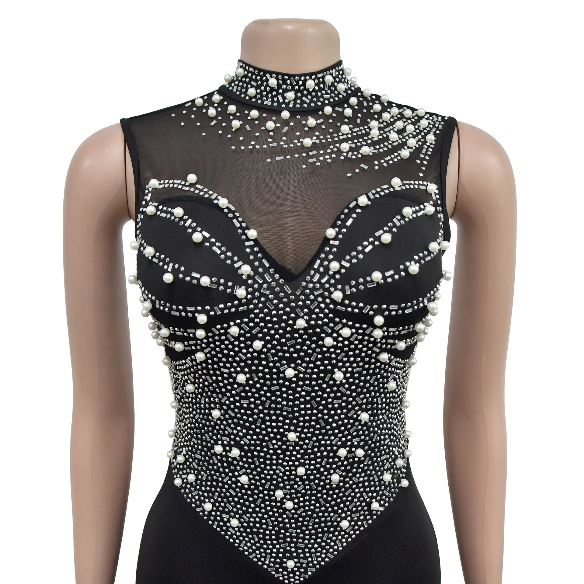 Fashion Women's Solid Color Beaded Mesh Sleeveless Long Dress 21