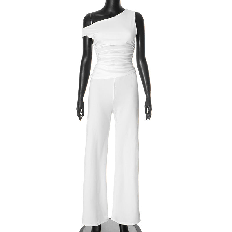 Women's Spring Summer Slash-Shoulder Gathered Waist Top Loose Pants Set 8