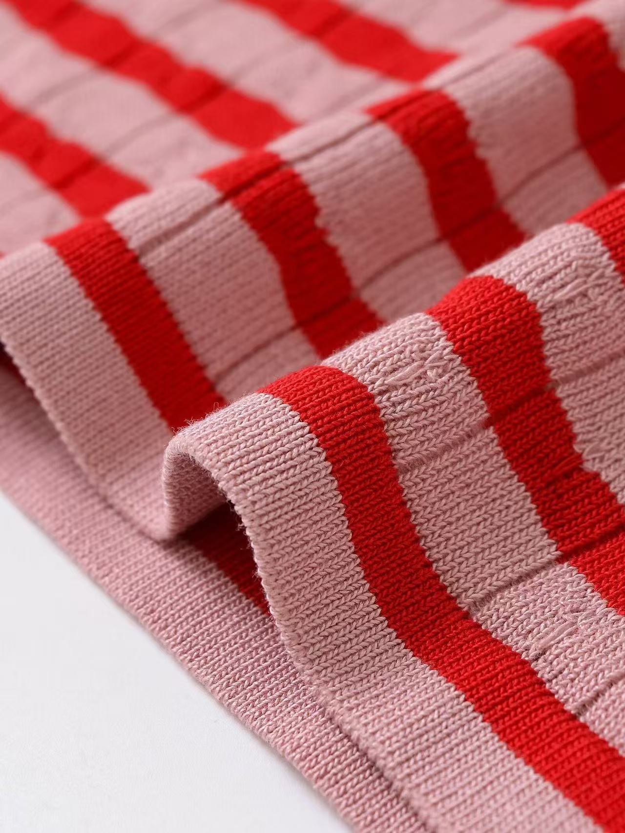 Fashion Turndown Collar Shirt & Striped Bell-Bottom Pants Summer Knit Set 27