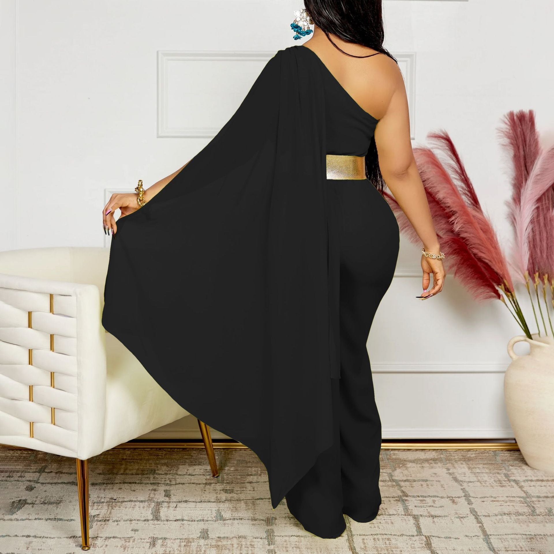 Women's Spring Summer Fashion Chic Slash Shoulder Patchwork Pleated OL High Waist African Jumpsuit 11