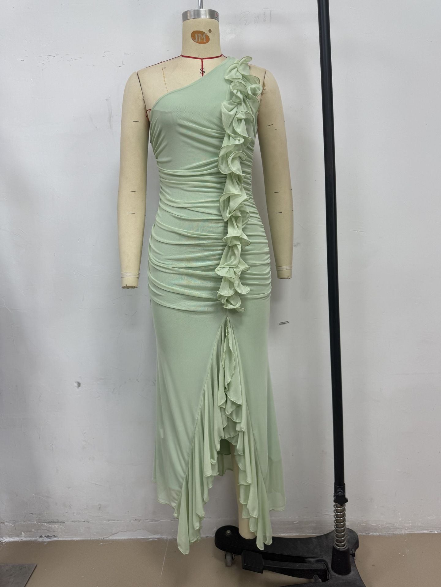 Summer Slash Shoulder Fashion Sexy Shirred High Slit Slim Dress 4