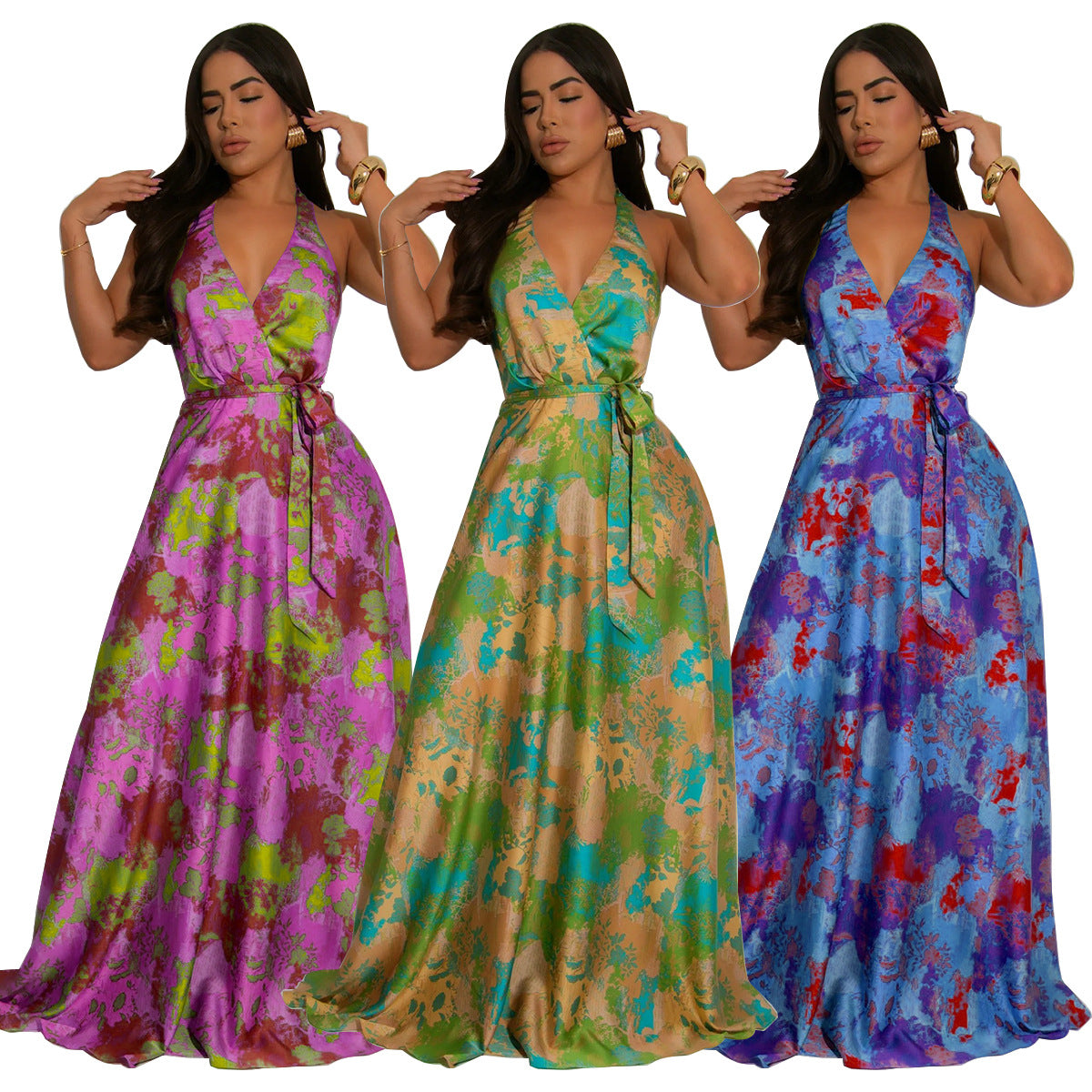 Women's V-Neck Halter Neck Sexy Low-Back Print Maxi Dress 5