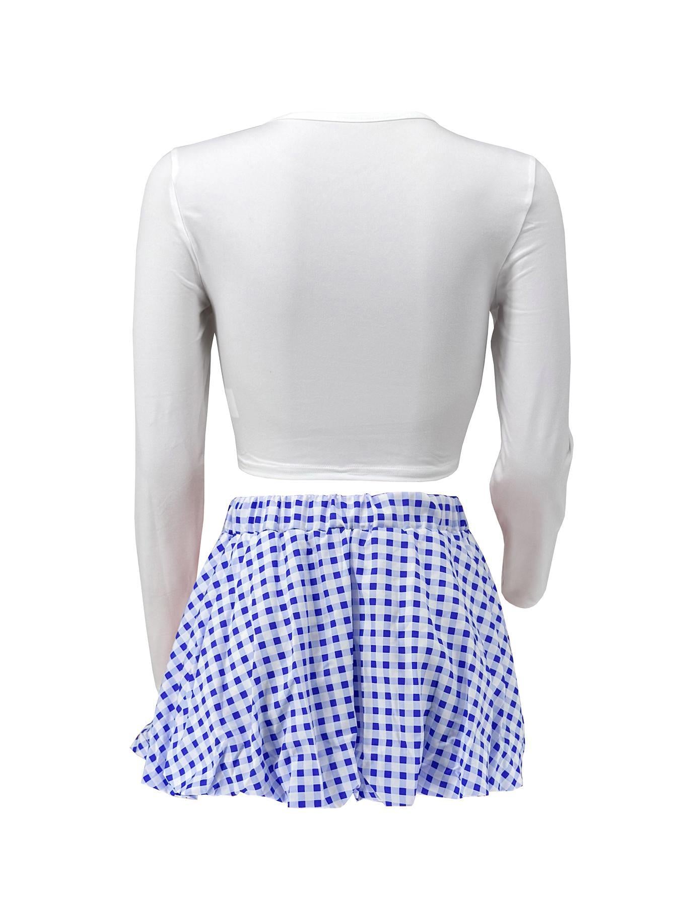 Women Casual Top and Plaid Flower Bud Skirt Two-piece Set 28