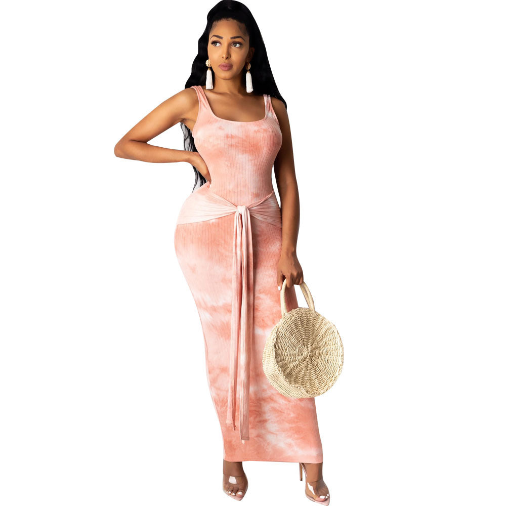 Women Ribbed Tie Dye Printed U Neck Lace-Up Dress 6