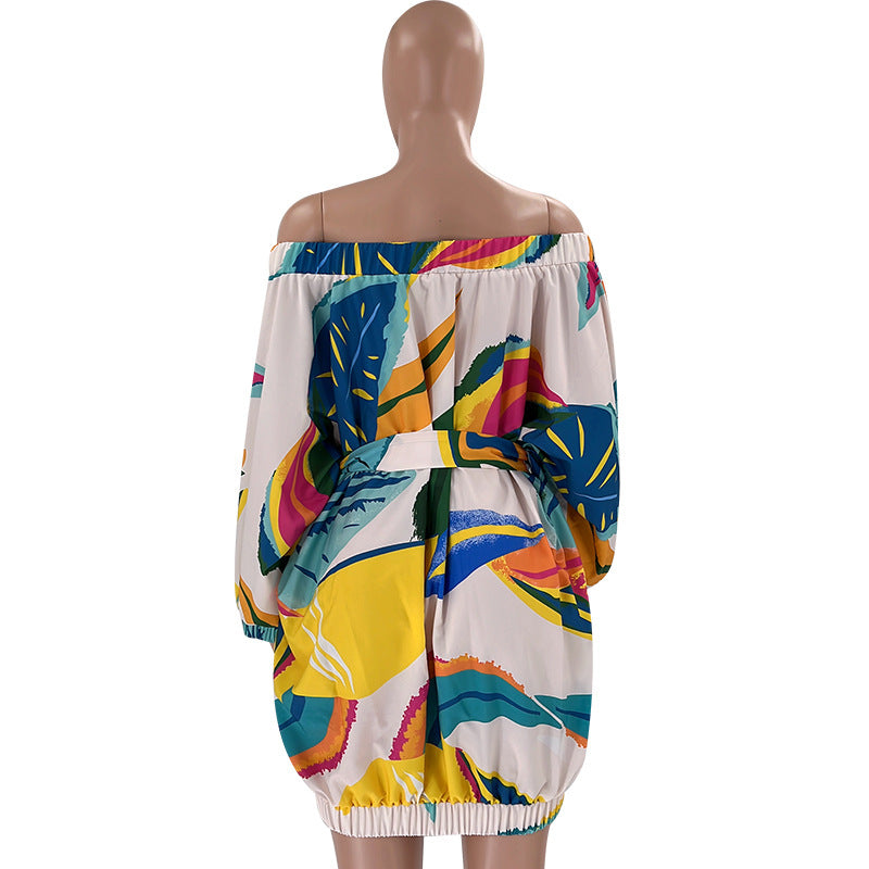 plus size off shoulder printed bat long sleeve loose dress 17