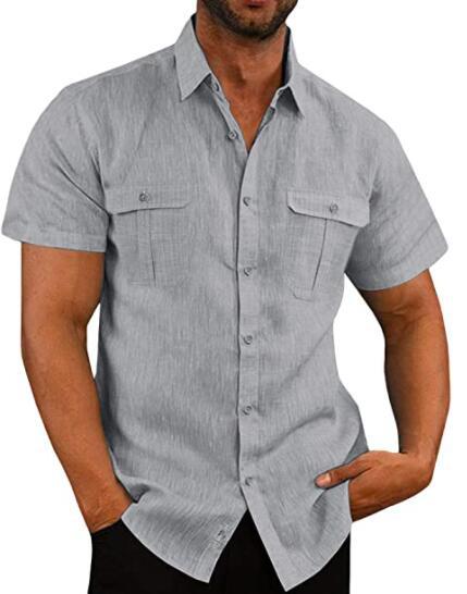 Men's Shirts Double Pocket Linen Short Sleeve Shirts 10