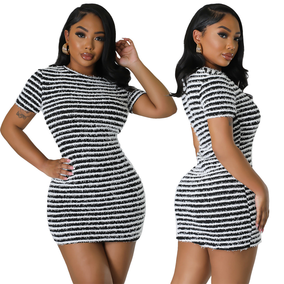 Knitting Stripe Sexy Slim Round Neck Short Sleeve High Waist Bodycon Dress 7