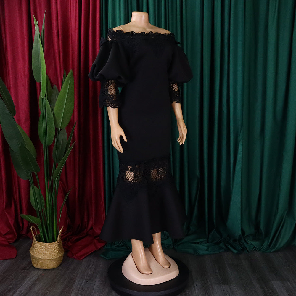 Women Off Shoulder Puff Sleeve Lace Patchwork Formal Party Mermaid Dress 30