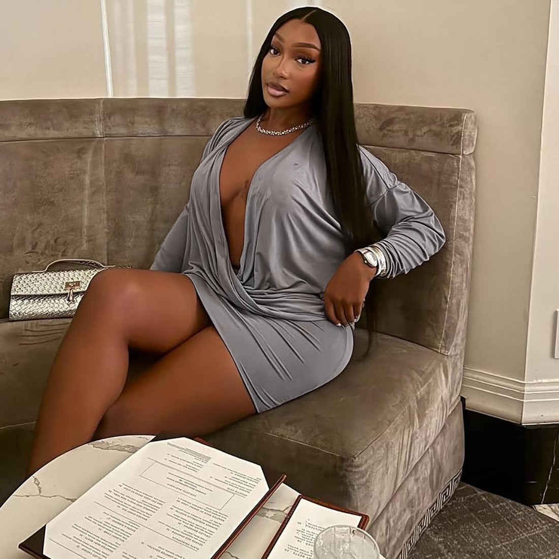 Autumn Outfit Sexy Fashion Deep V-Neck Long Sleeve Bodycon Dress 5