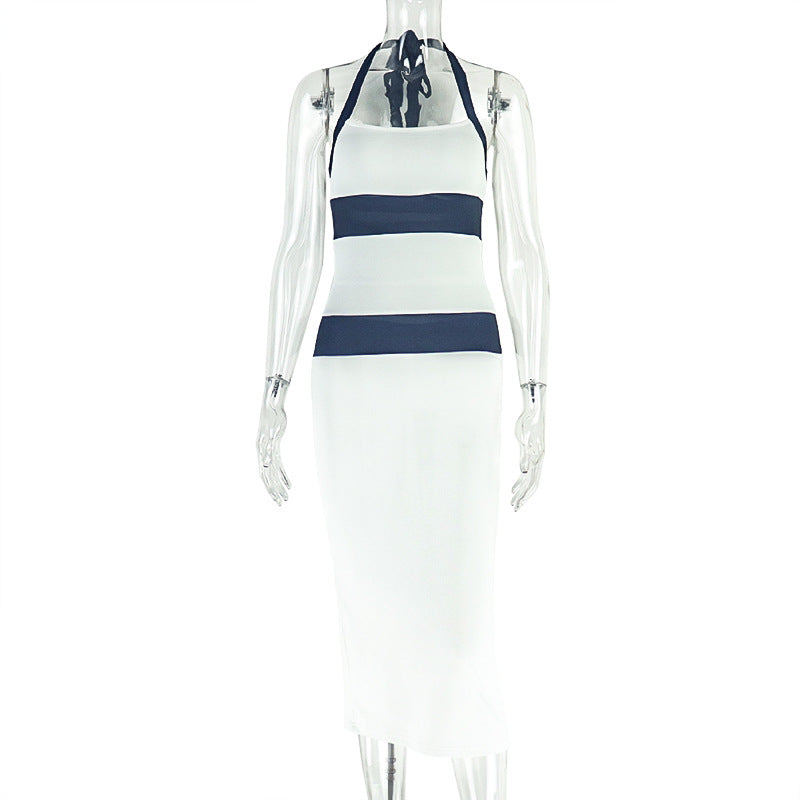 Black White Contrast Halter Dress Patchwork Bodycon Gown 8