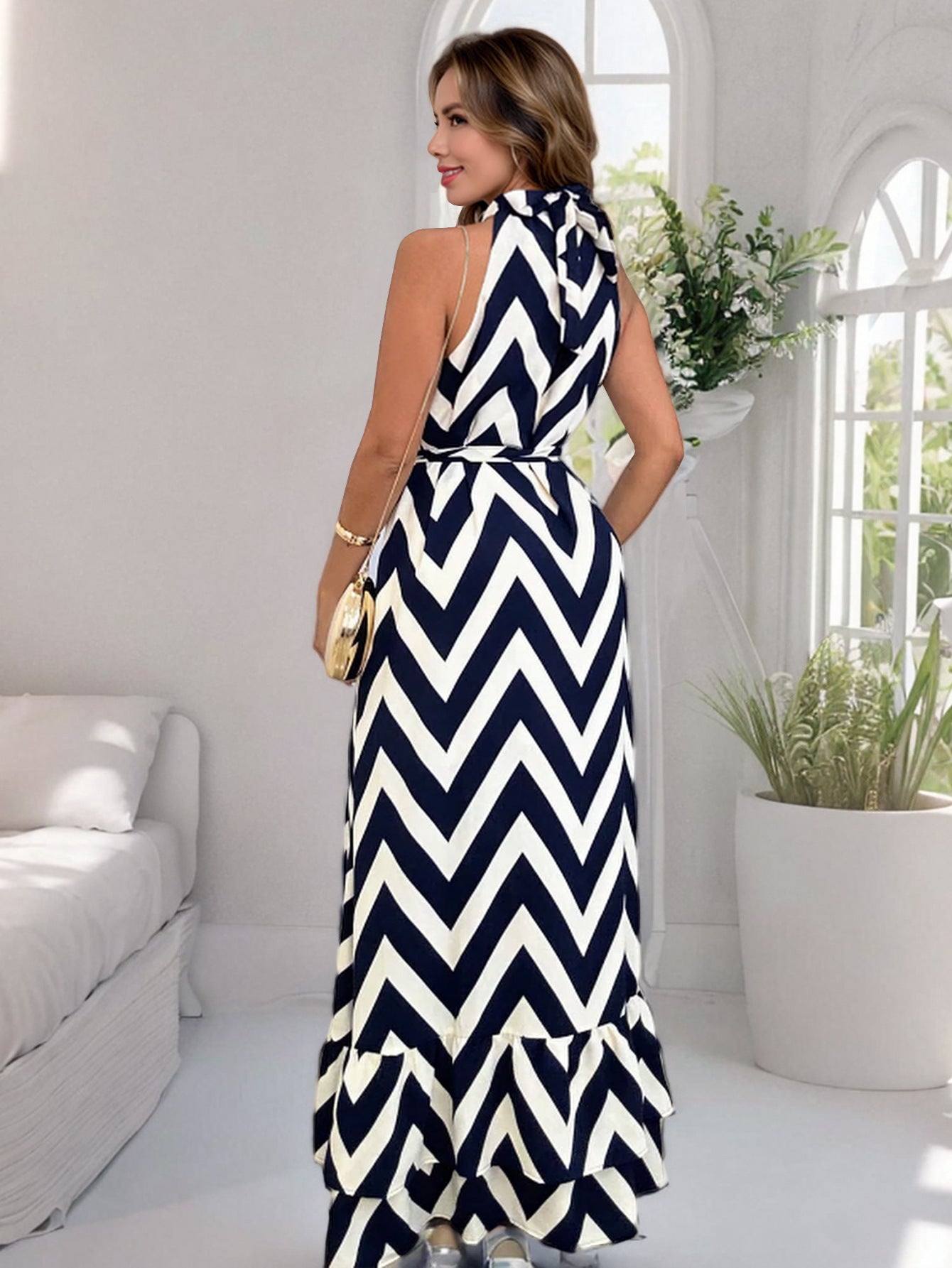 Women Sexy Sleeveless Stand Collar Wave Stripe Print Summer Maxi Dress 6