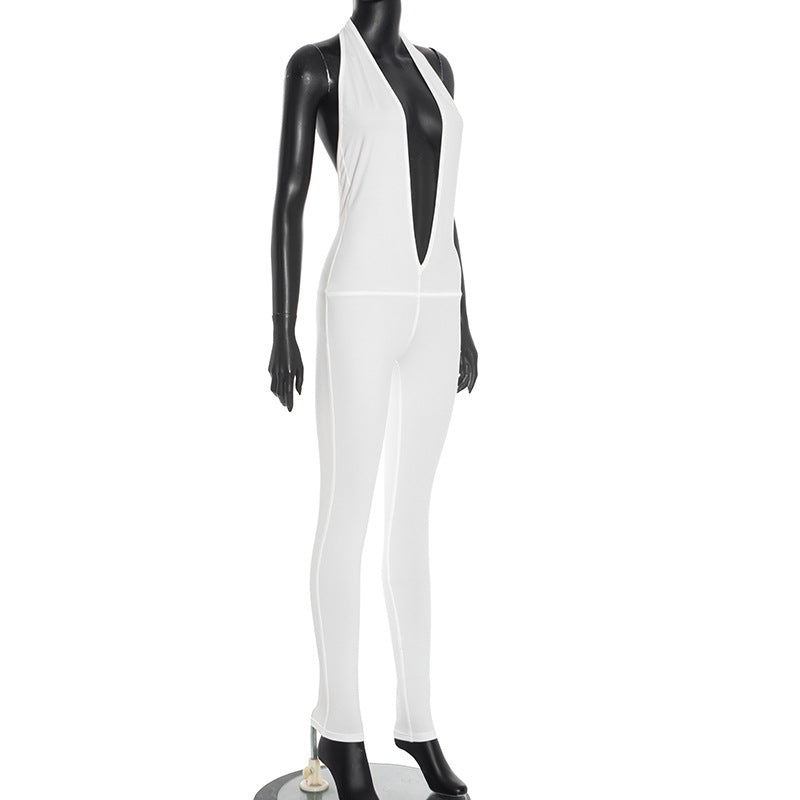 Women's Spring Summer Halter Neck Deep V-Neck Large Low Back Sleeveless Solid Color Jumpsuit 8