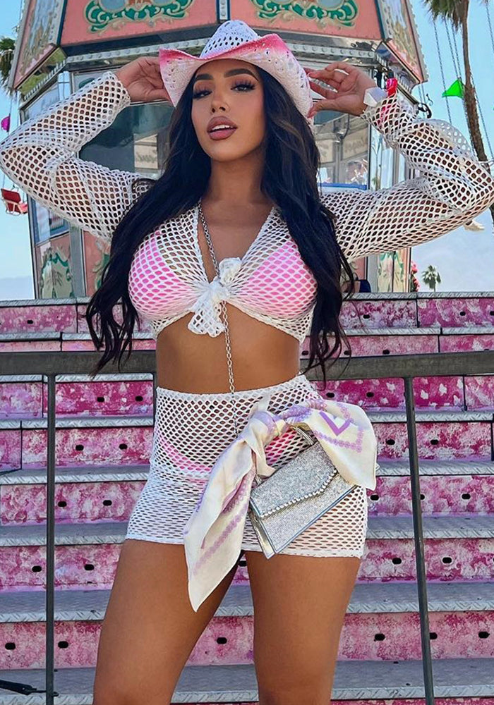 Autumn Sexy Slim Hollow Crop Mesh Two Piece Skirt Set