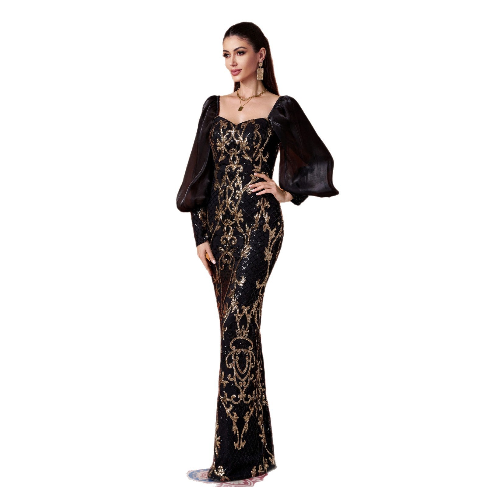 Women long sleeve square neck sequins formal party evening dress 6