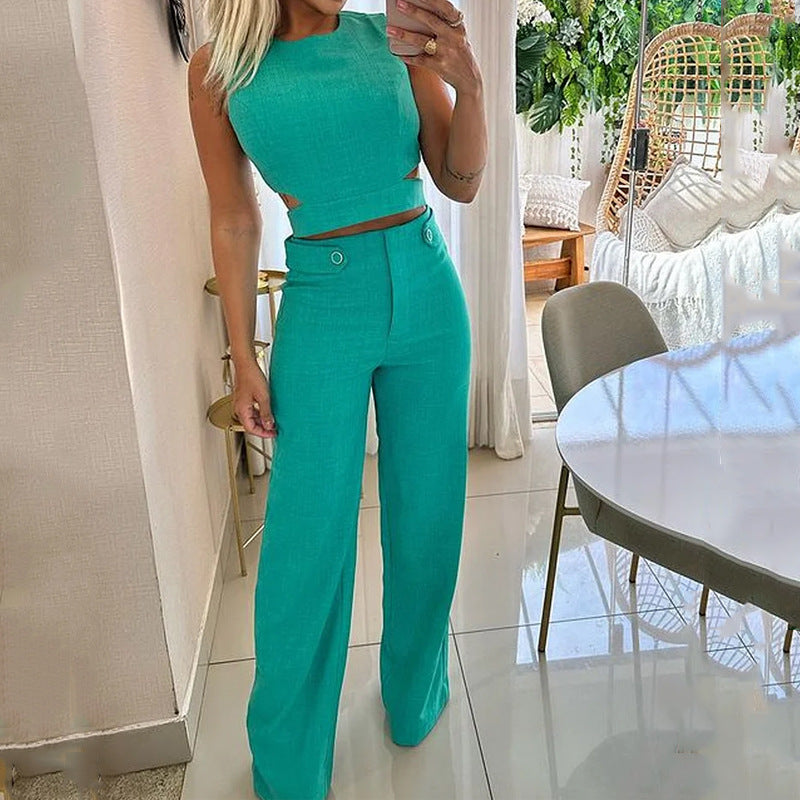Women Casual Chic Solid Button Top and Pant Two-piece Set 5