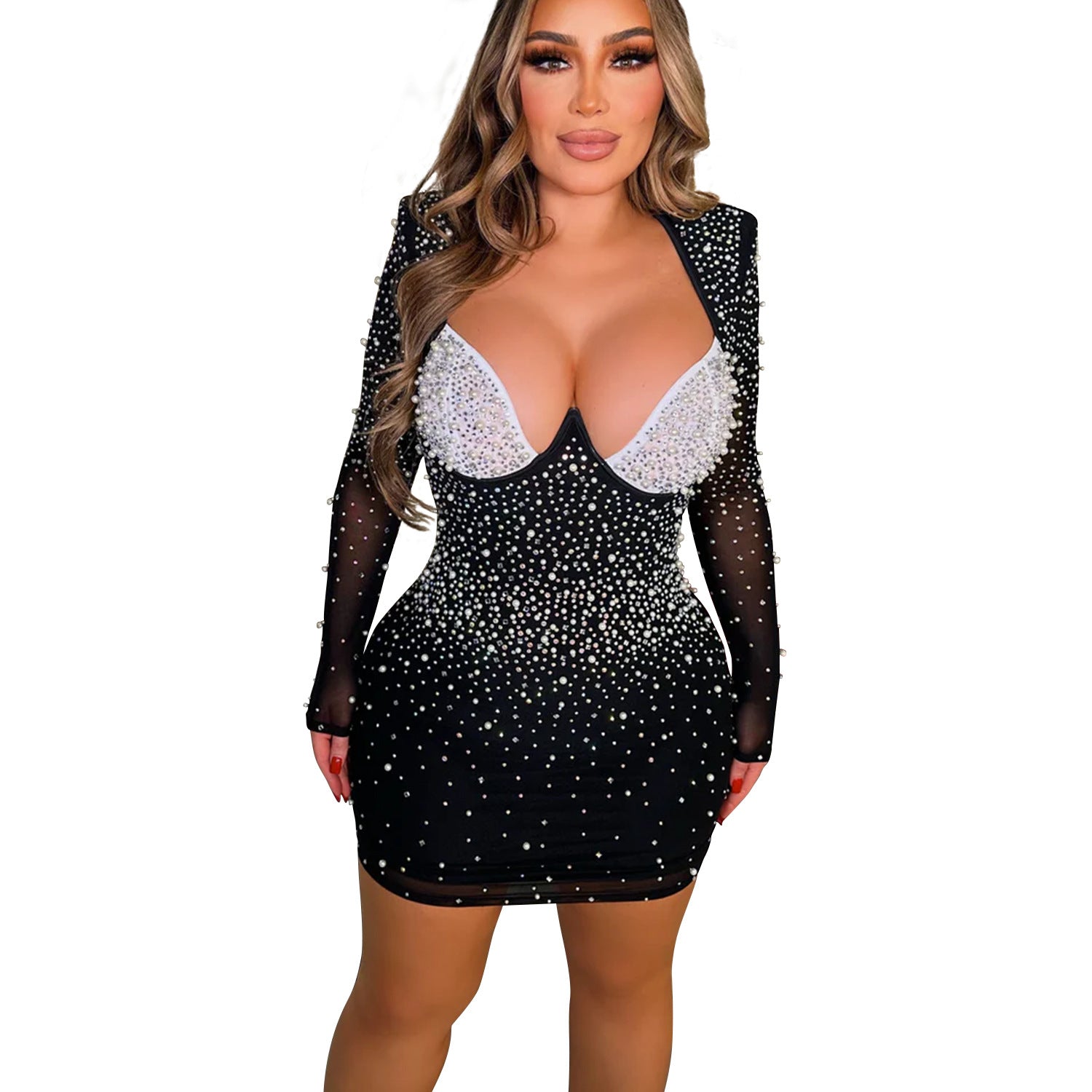 Fashion Women's Solid Color Beaded Mesh Long Sleeve Bodycon Dress 4