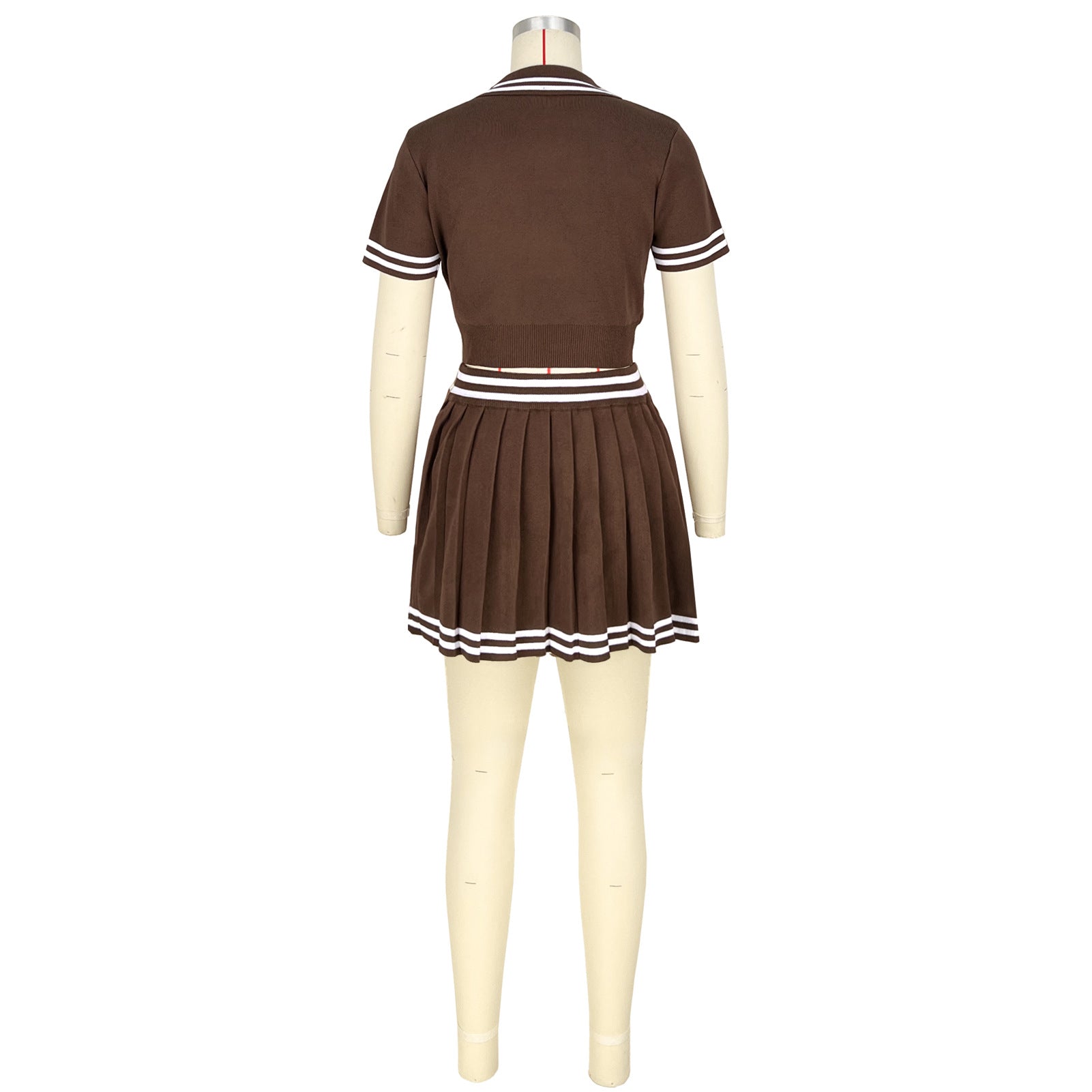 Women's Clothing Turndown Collar Contrast Color Short Sleeve Knitting Shirt Pleated Skirt Two-Piece Set 11