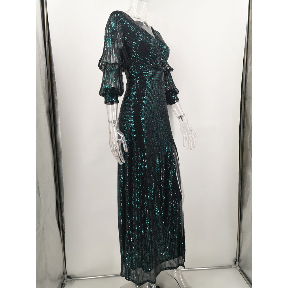 Women Sexy Vintage Green Sequin Dress 11