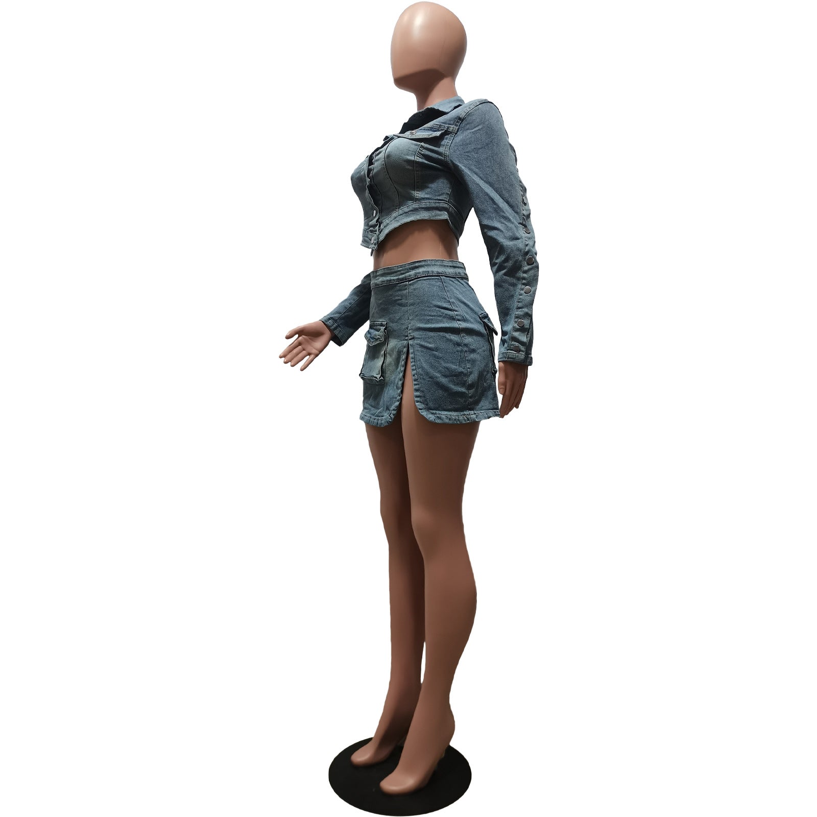 Women Washed Button Zipper Straps Irregular Top and Slit Cargo Denim Skirt Two-piece Set 12