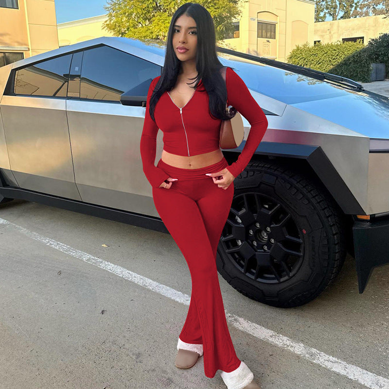 Women's autumn and winter zipper long sleeve hooded top Bell Bottom pants fashion Casual two piece set 8