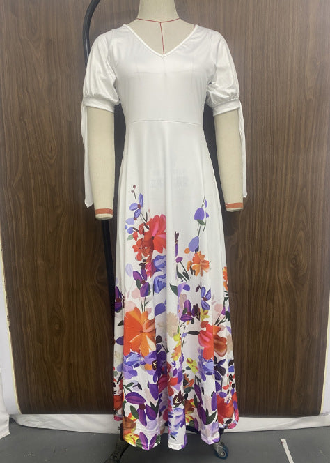 Women spring and summer off-shoulder short-sleeved V Neck print dress 4