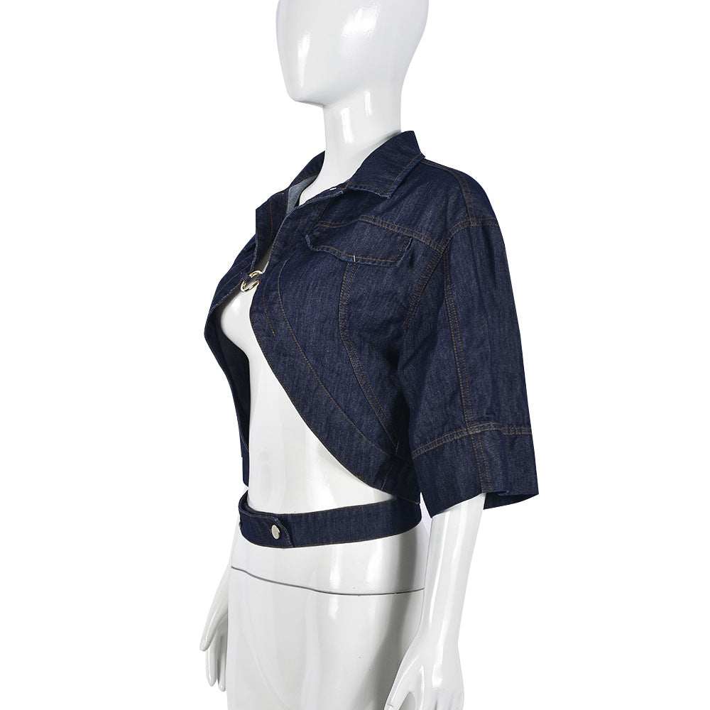 Fashion Turndown Collar sexy Crop Denim jacket top for women 6