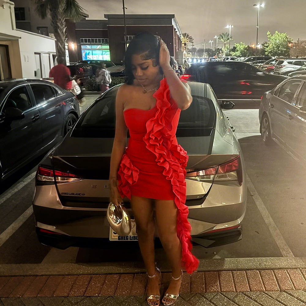 Women one shoulder ruffle edge formal party bodycon dress 8