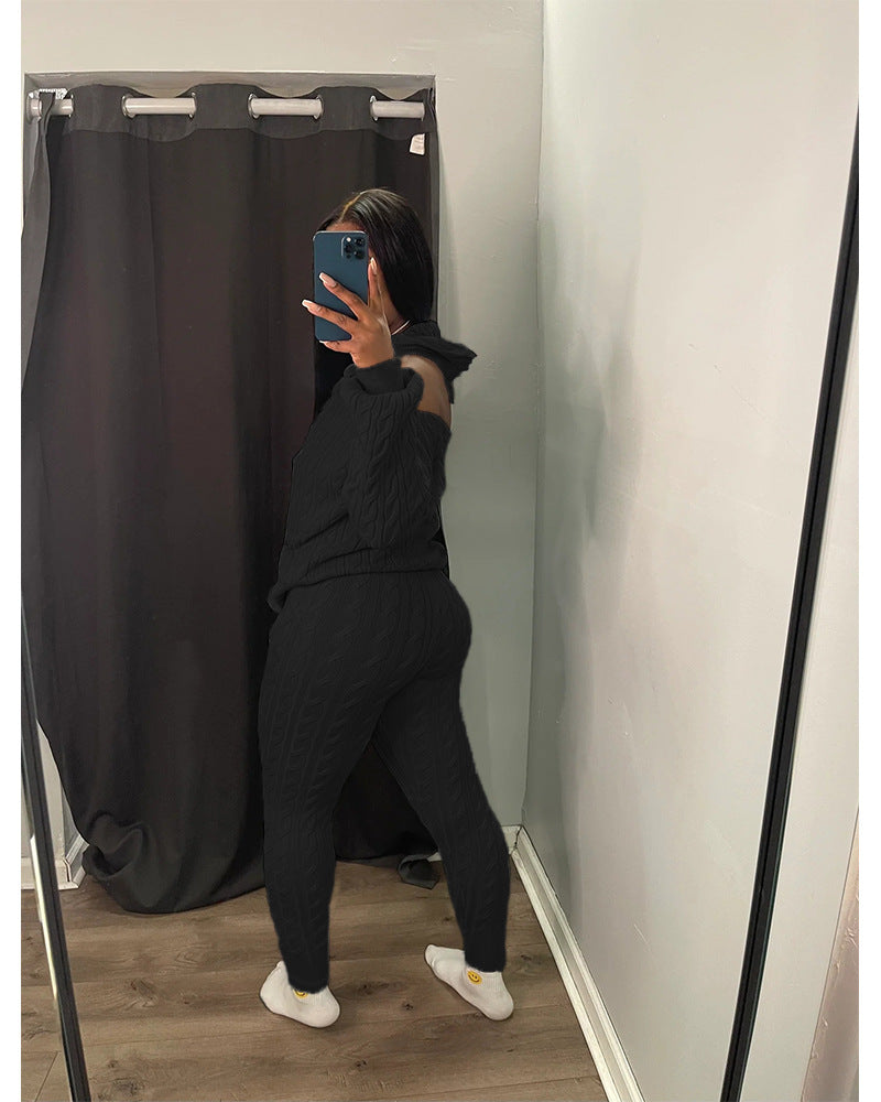 Women's Fashion Solid Color High Stretch Knitting Hooded Sweater Slim Long Pants Two Piece Set 10