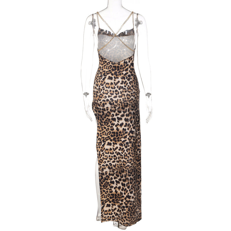 Women Spring Fashion Leopard Print Backless Chain Straps Midi Dress 6