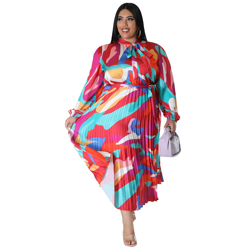 Plus Size Women Lace-Up Long Sleeve Printed Pleated Dress 20