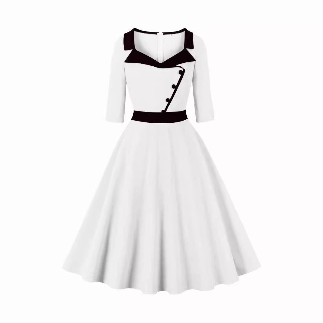 Spring Ol Professional Chic Turndown Collar Patchwork Three-Quarter Sleeve Slim Waist A-Line Dress